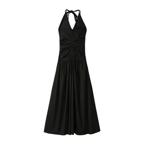 V-neck Slim Halter Dress Women Pleated Design Long Skirt Solid Vintage Y2k Dresses Korean Fashion Vestidos Para Mujer
