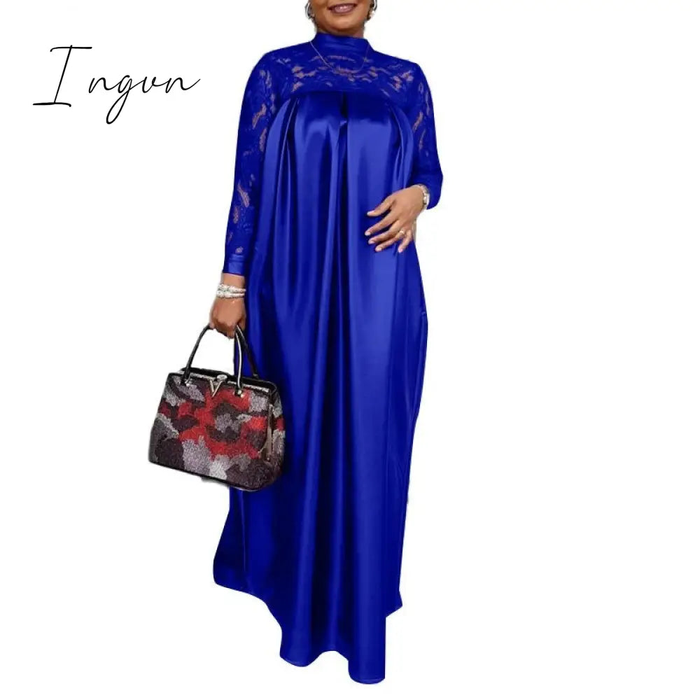 Ingvn - Summer Kaftan Party Dress Bohemian Women Long Sleeve Mock Neck Lace Patchwork Maxi Long Dress Robe Longues Oversized