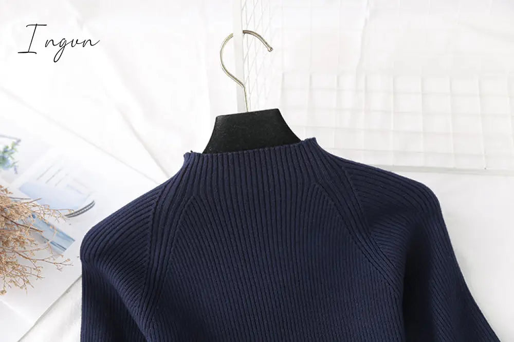 Ingvn - Autumn Winter Elegant Knitted Patchwork Gradient Pink Pleated Dress Women Long Sleeve Office One-Piece Sweater Dress With Belt