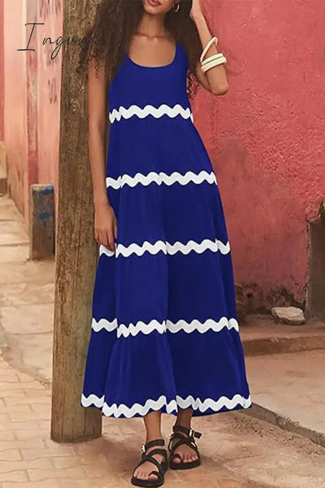 Ingvn - Sexy Simplicity Print Ripple Contrast U Neck Sleeveless Dress Dresses