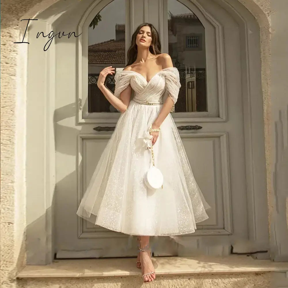 Ingvn - womens fashion Bling Glittter Boho Wedding Dresses For Women Sweetheaart Tulle Point Net Tulle Beach Short Bridal Gown Cheap Civil