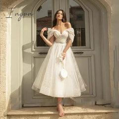 Ingvn - womens fashion Bling Glittter Boho Wedding Dresses For Women Sweetheaart Tulle Point Net Tulle Beach Short Bridal Gown Cheap Civil