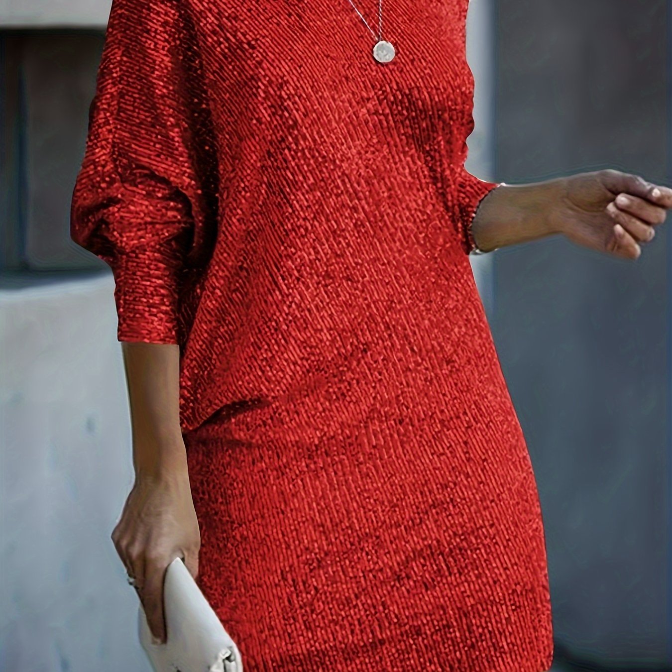 Contrast Sequin Solid Dress, Party Wear V Neck Long Sleeve Dress, Women's Clothing For Party Dressing