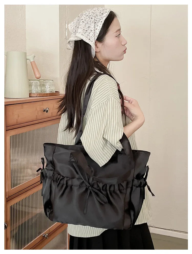 Ingvn  Elegant Bow Womens Shoulder Bag Nylon Pleated Korean Style Fashion Tote Bag Large Capacity Cute Pink Sweet Female Handbag
