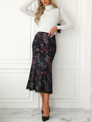 Floral Print Lace Trim Skirt, Elegant High Waist Bodycon Ruffle Midi Skirt, Women's Clothing