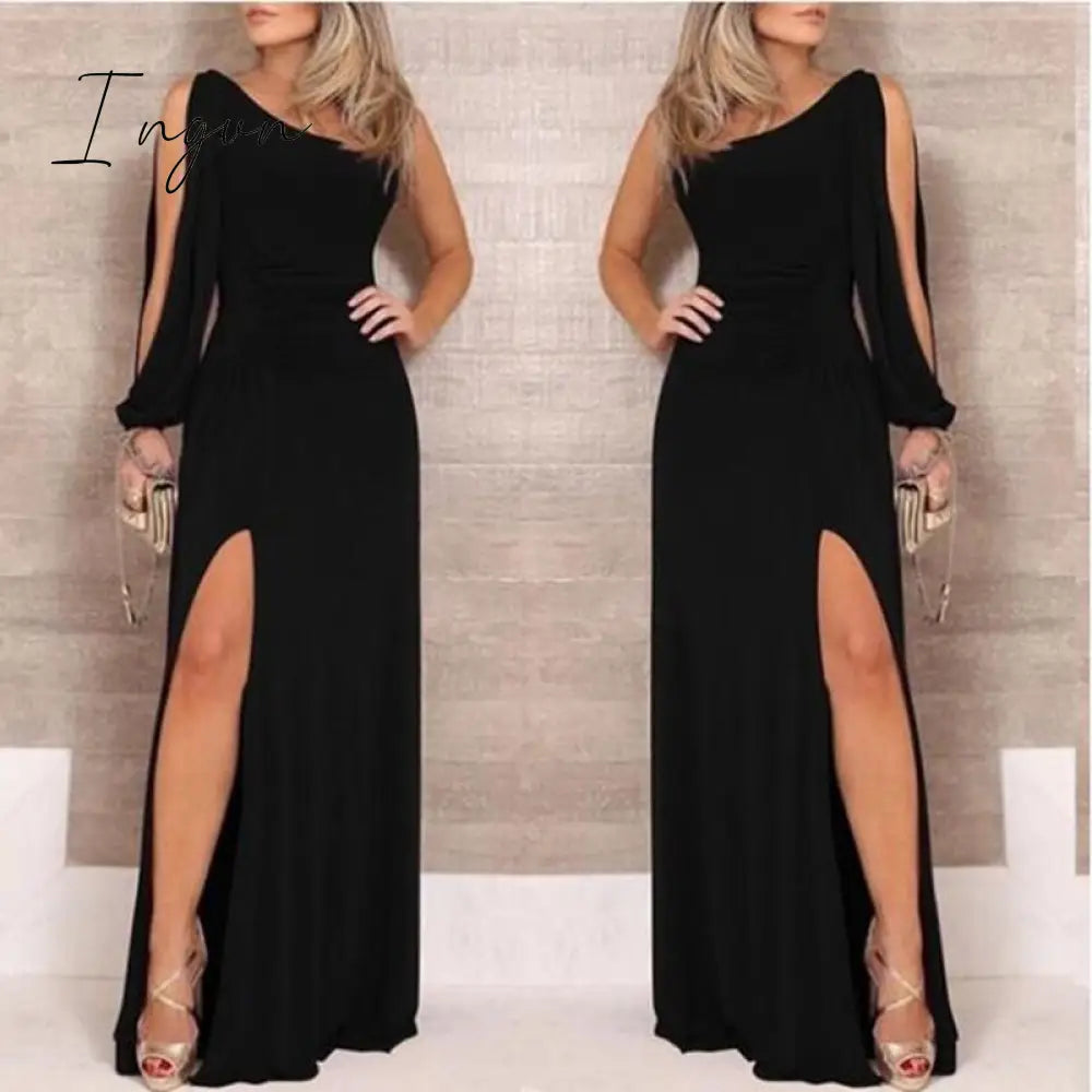 Ingvn - Split Women Party Long Dress One Shoulder Long Sleeve Sexy Bodycon Dresses Lady Slim Elegant Black Maxi Dress Vestidos