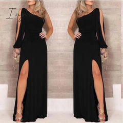 Ingvn - Split Women Party Long Dress One Shoulder Long Sleeve Sexy Bodycon Dresses Lady Slim Elegant Black Maxi Dress Vestidos