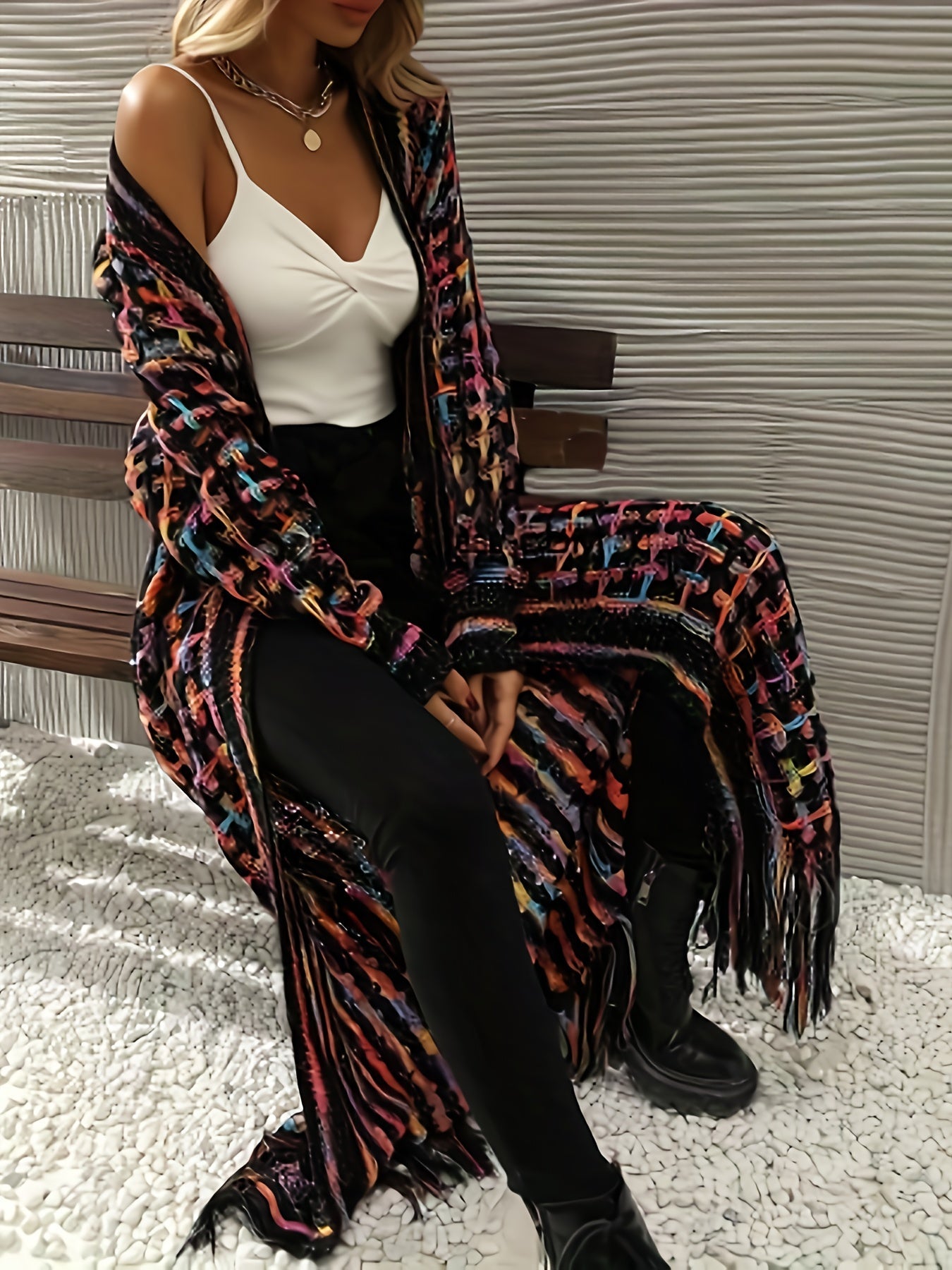 Plus Size Elegant Ombre Knitted Cardigan - Soft Slight Stretch Fabric, Tassel Hem, Long Sleeve, Open Front, Machine Washable - Perfect for Fall/Winter Season
