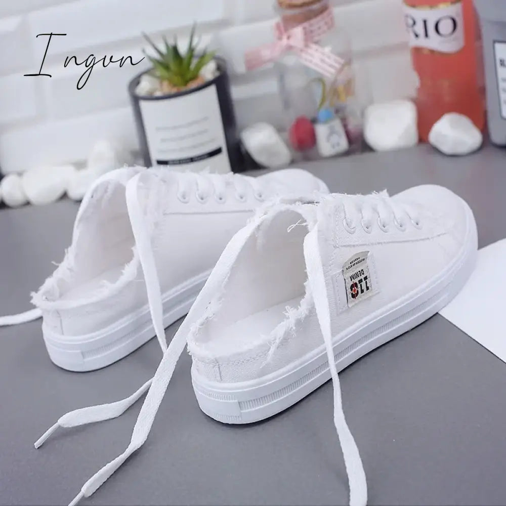 Ingvn - New 2024 Spring Summer Women Canvas Shoes flat sneakers women casual shoes low upper lace up white shoes