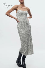 Ingvn - Sexy Solid Sequins U Neck Wrapped Skirt Dresses