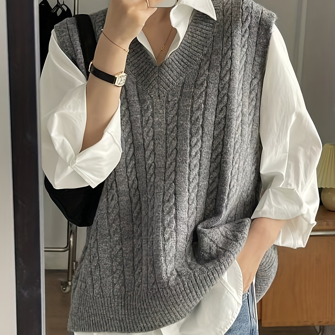 Solid V Neck Cable Knit Vest - Women's Casual Clothing - Sleeveless Loose Fit Versatile Sweater Vest for Everyday Wear, Comfortable and Stylish