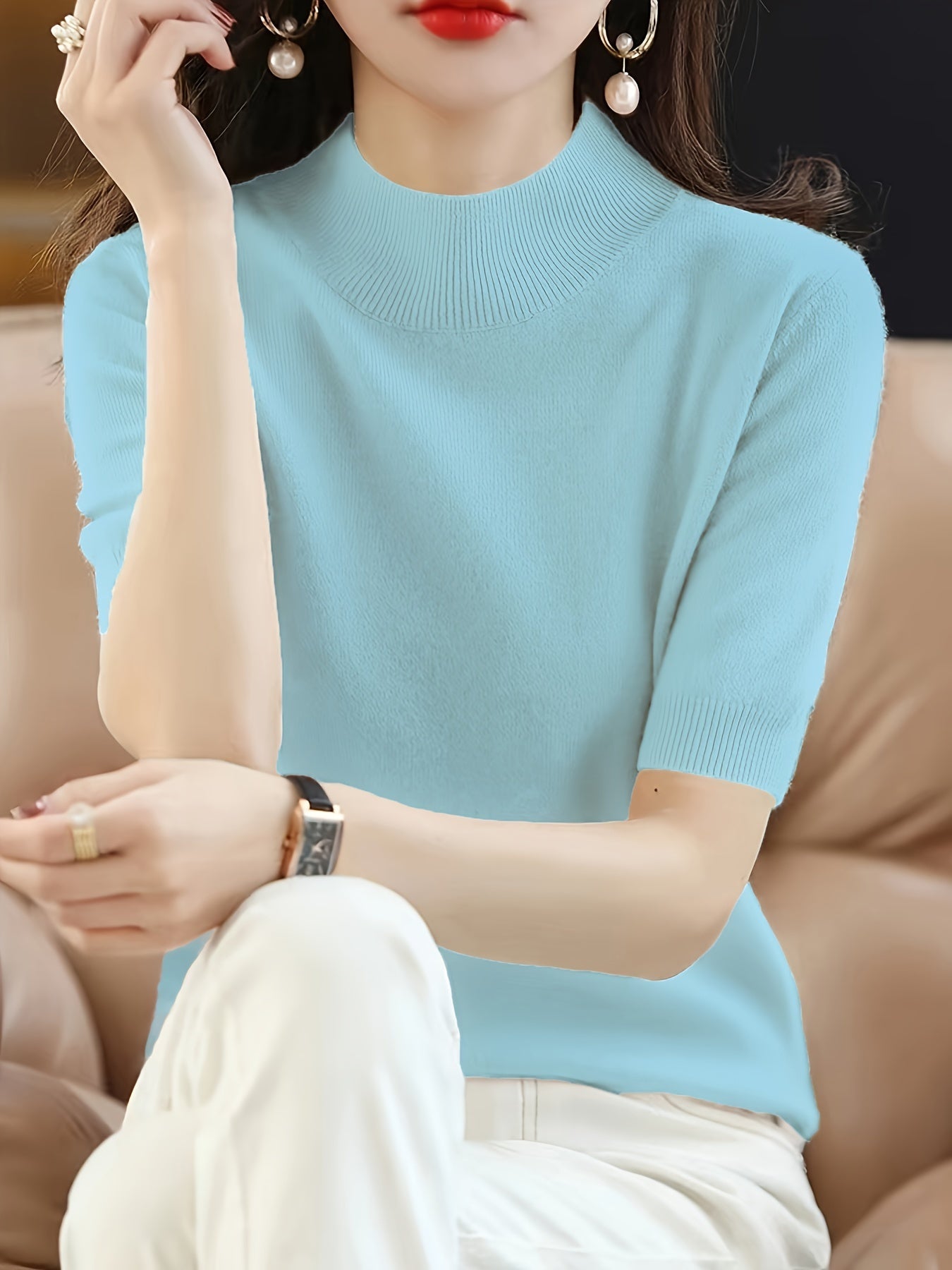Premium Soft Knit Womens Sweater - Chic Mock Neck, Short Sleeve Pullover - Stylish & Elegant Wardrobe Staple