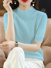 Premium Soft Knit Womens Sweater - Chic Mock Neck, Short Sleeve Pullover - Stylish & Elegant Wardrobe Staple