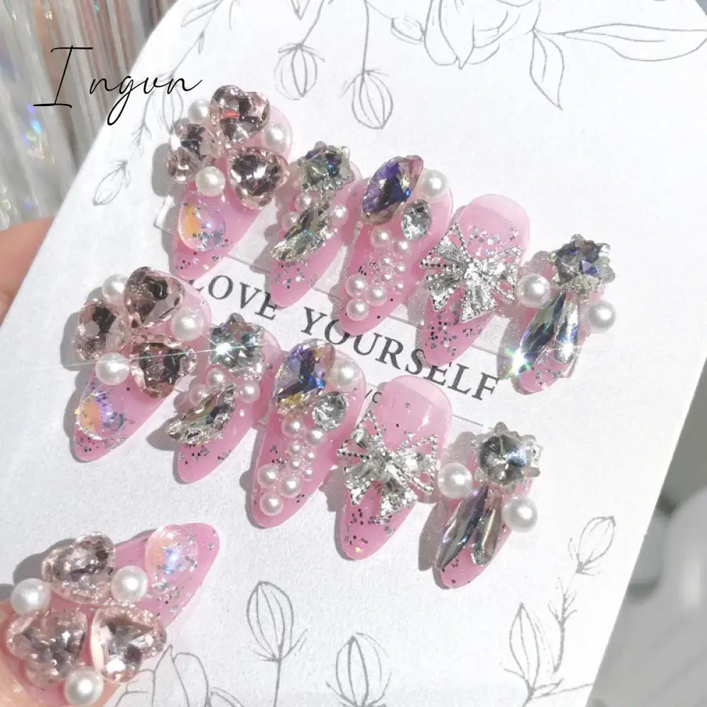 Glitter Fairy Rhinestone False nail Tips for Bride lady Wearable Sweet Crystal Design Press on Nails Mid Length Fake Nail Patch