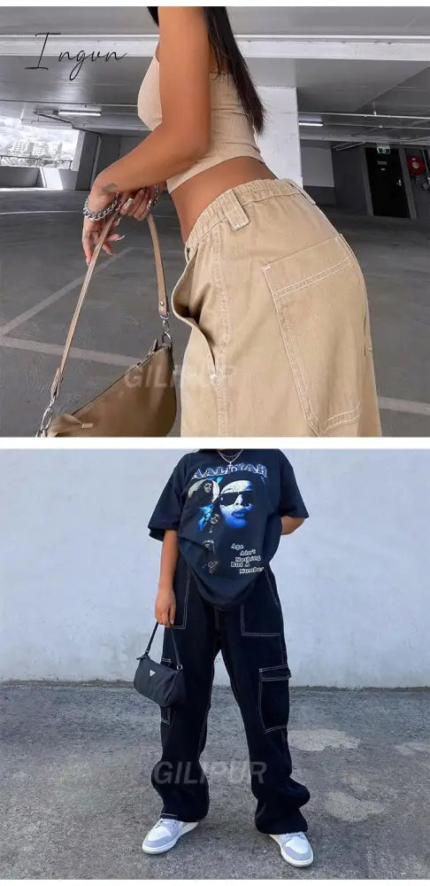 Ingvn - Y2k Cargo Pants Women's Jeans New Fashion Baggy Jeans Denim Overalls 90s Low Rise Pocket Straight Leg Trousers Streetwear