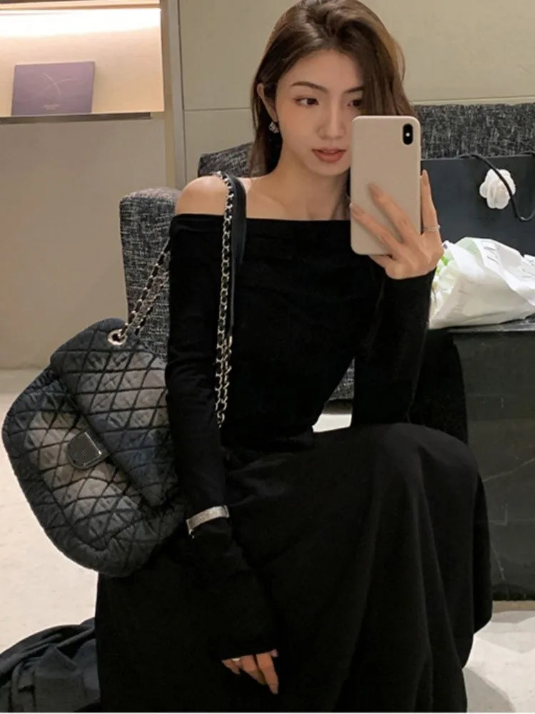 Elegant Evening Party White Dress Women Korean Off Shoulder Long Sleeve Birthday A-Line Robe Autumn Streetwear Corset Clothes