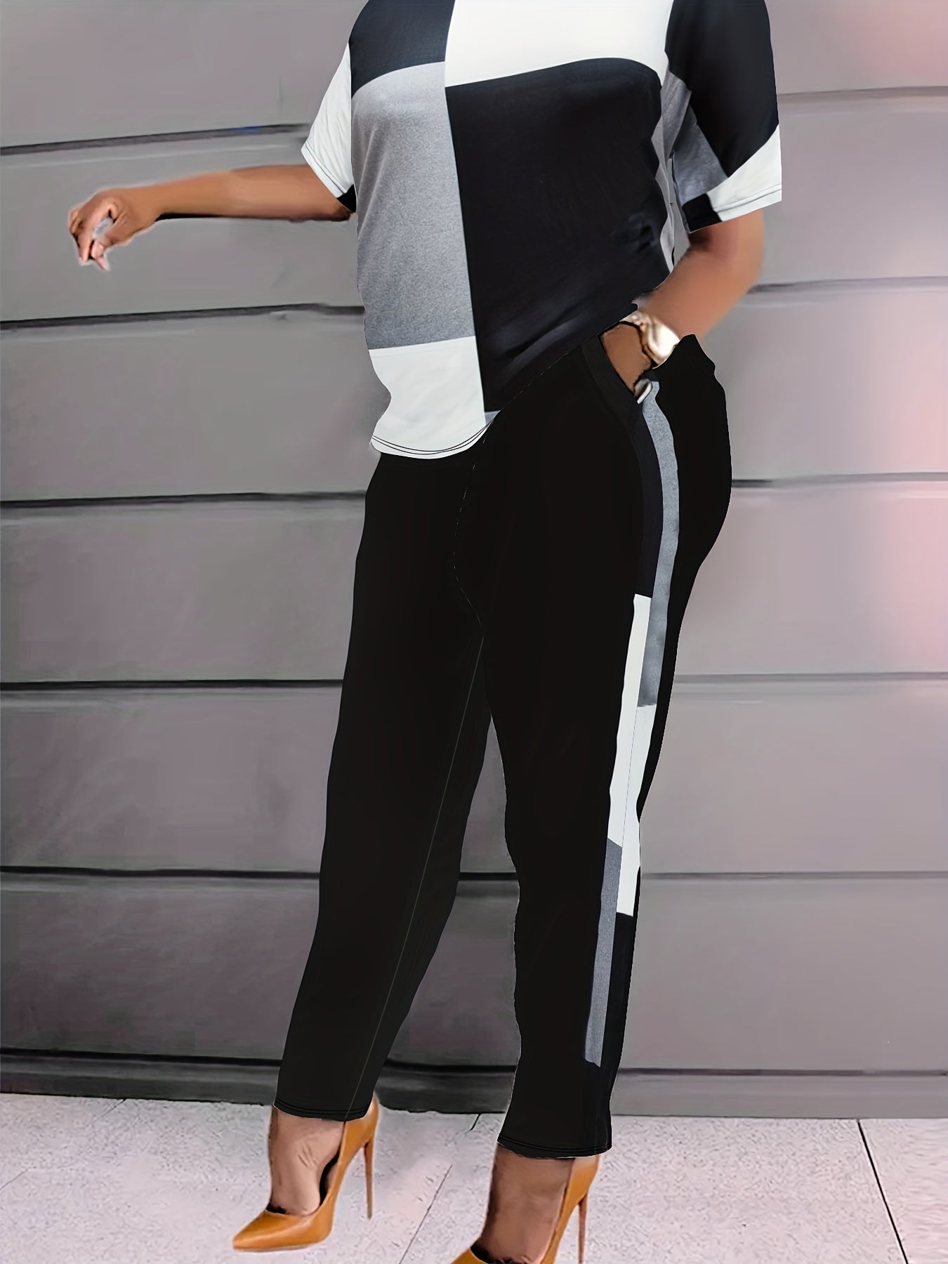Plus Size Casual Outfits Set, Women's Plus Colorblock Geometric Print Long Sleeve Round Neck Top & Pants With Pockets Outfits 2 Piece Set