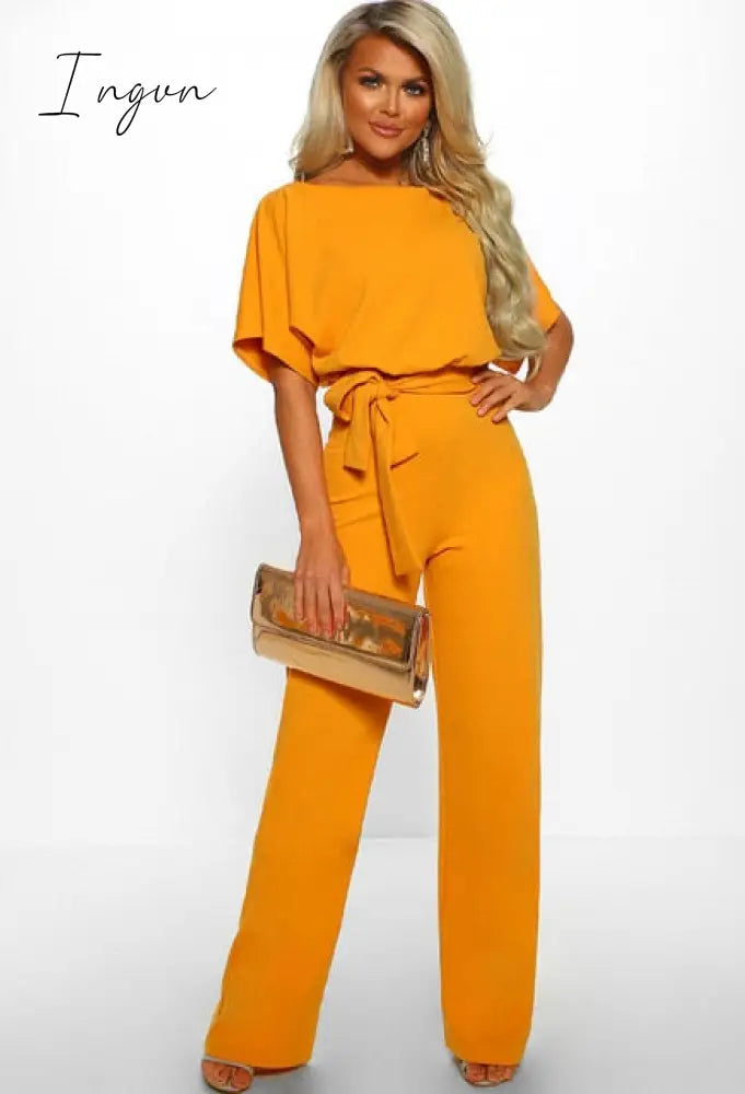 Ingvn - Women Summer Jumpsuit Short Sleeve Elegant jumpsuit Long wide leg Pants High waist Casual Bodysuit Plus Size Overalls Loose