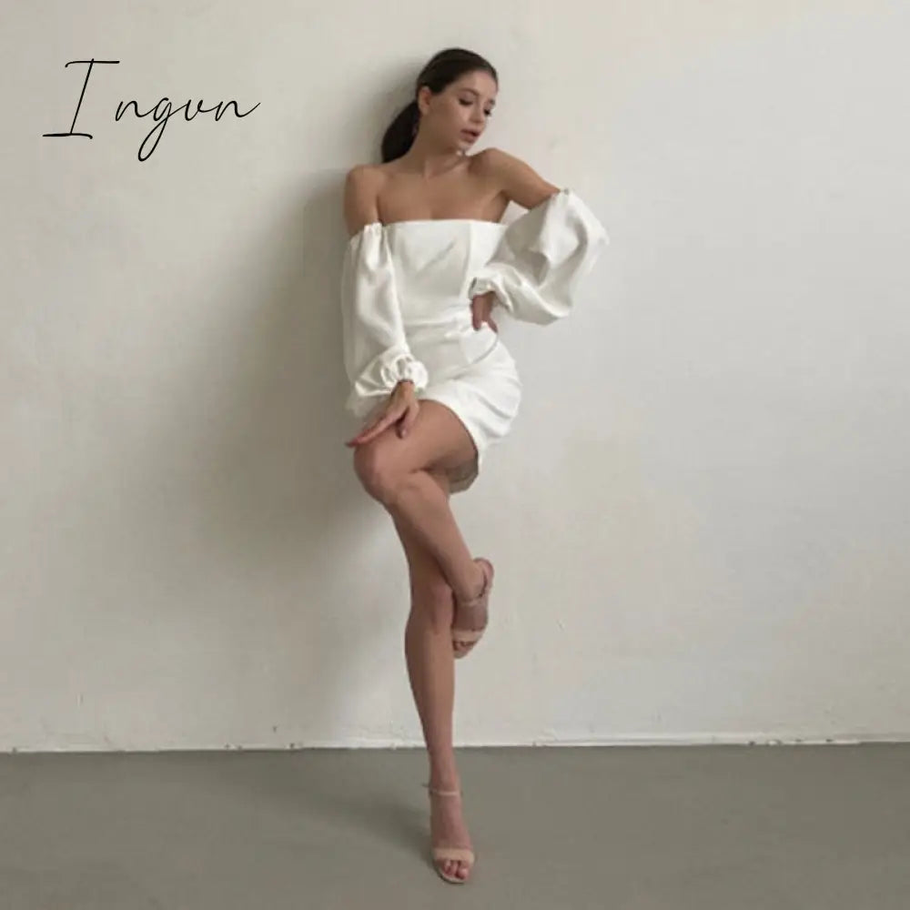 Ingvn - Women Sexy Off The Shoulder White Dress Elegant Puff Sleeve High Waist Mini Party Bodycon Dress Summer New Fashion Dresses