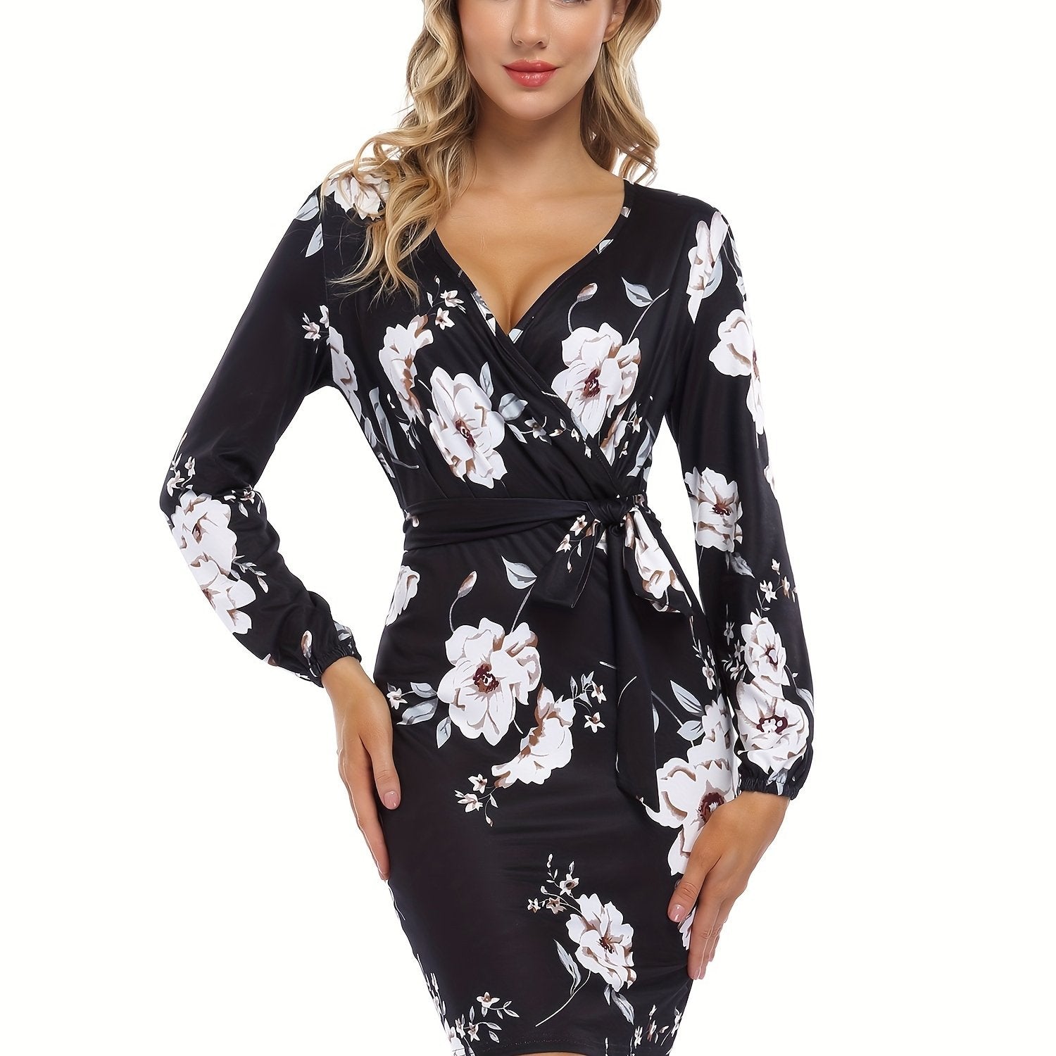 Surplice Neck Long Sleeve Casual Winter Party Wedding Guest Thanksgiving Day Bodycon Pencil Mini Dress for Women