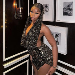Ingvn - Sequin Mini Black Dress Sexy Club Party Bodycon Fashion Evening Dresses Women 2023 Summer Clothing Elegant Luxury Hoodie Dresses