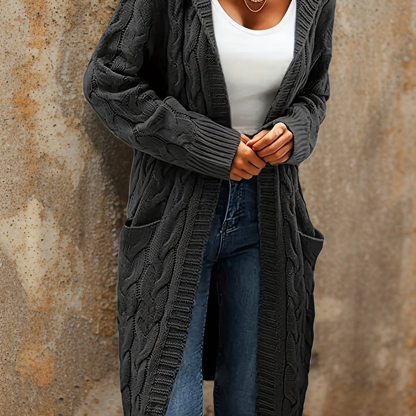 Cozy Micro-Elastic Plus Size Women's Long Sleeve Open Front Hooded Cardigan with Pockets for Casual Daily Wear - Solid Cable