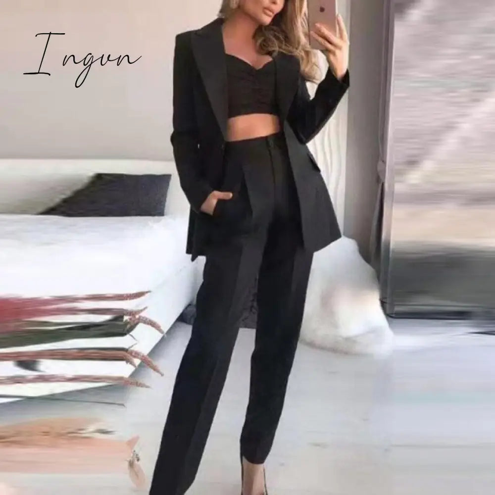 Ingvn - Woman Vintage Black Slim Fit Blazer 3 Pcs Suit Autumn Elegant Female Solid Matching Sets V-Neck Casual Office Three Piece Set