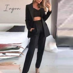 Ingvn - Woman Vintage Black Slim Fit Blazer 3 Pcs Suit Autumn Elegant Female Solid Matching Sets V-Neck Casual Office Three Piece Set
