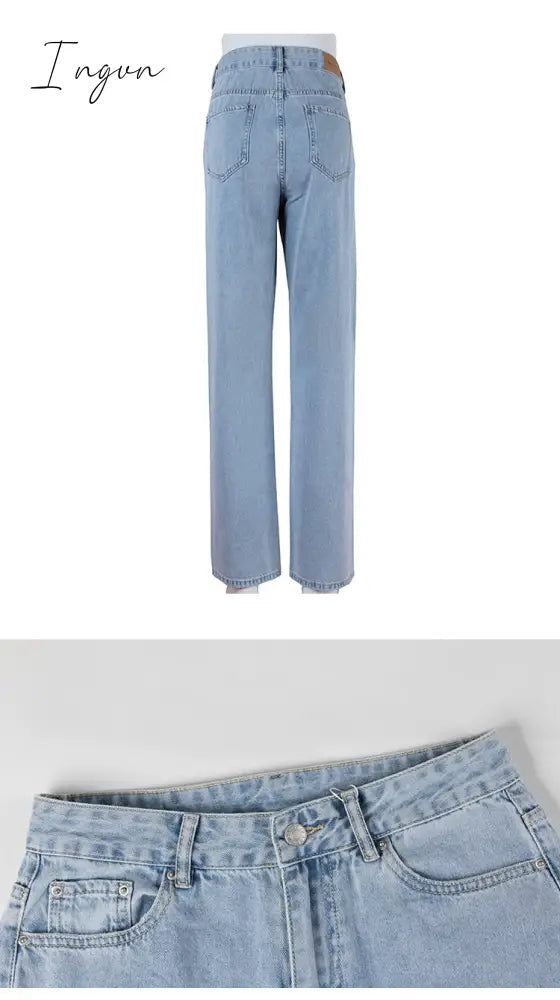 Ingvn - Womens Loose Fit Jeans Ripped Wide Leg For Women High Waist Blue Wash Casual Cotton Denim Trousers Summer Baggy Jean Pants