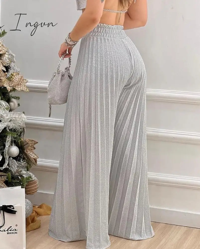 Ingvn - Casual High Waist Pleated Wide Leg Pants Plain Spring & Summer Fashion Elegant Women's Trousers Daily Lady Pants