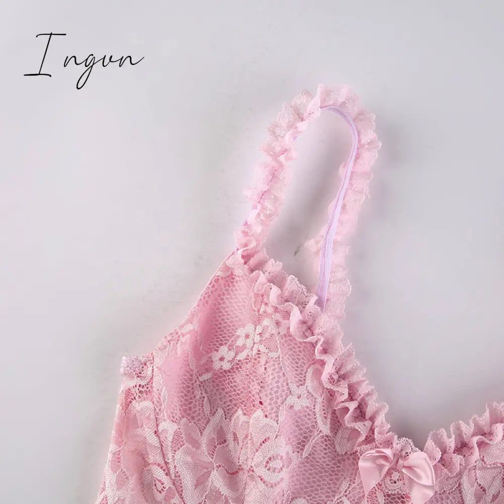 Ingvn - Sweet Cute Lace Cami Dress See Through Sexy Slim Sleeveless Ruffles Bow A-Line Mini Dresses For Women Summer Spring Lady