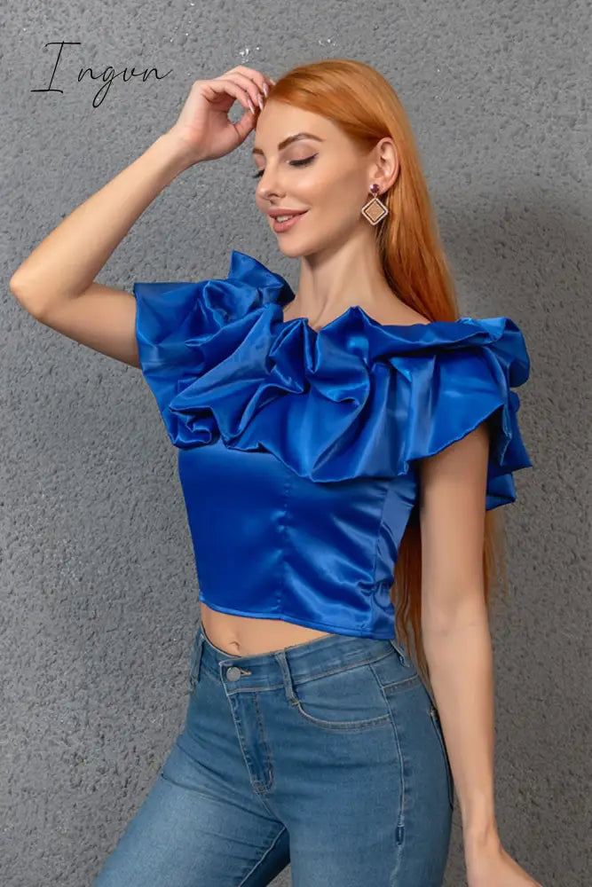 Ingvn - Cropped Ruffle Boat Neck Short Sleeve Blouse