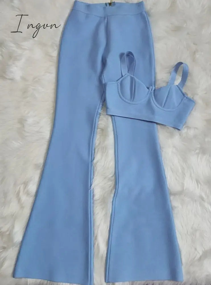 Ingvn - Summer New Women's Fashion Sexy Bandage 2 Two-piece Set Sleeveless Tight Short Top &  High Waist Flared Trousers Pants Set