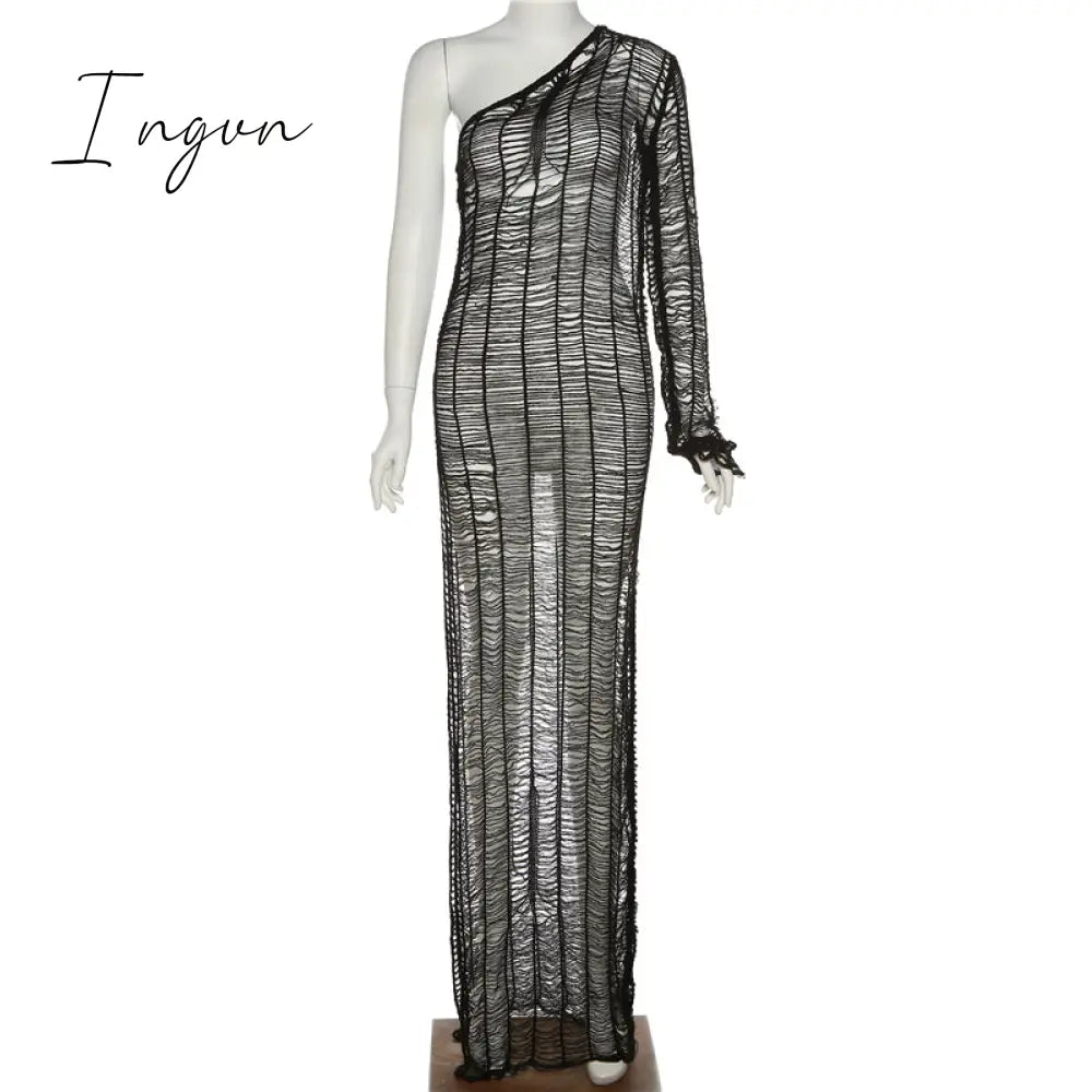 Ingvn - 2023 Womens Fashion Black Diagonal Collar Knitting Maxi Dress Women Sexy Mesh Transparent One Shoulder Long Sleeve Split Robe Holiday Jurk