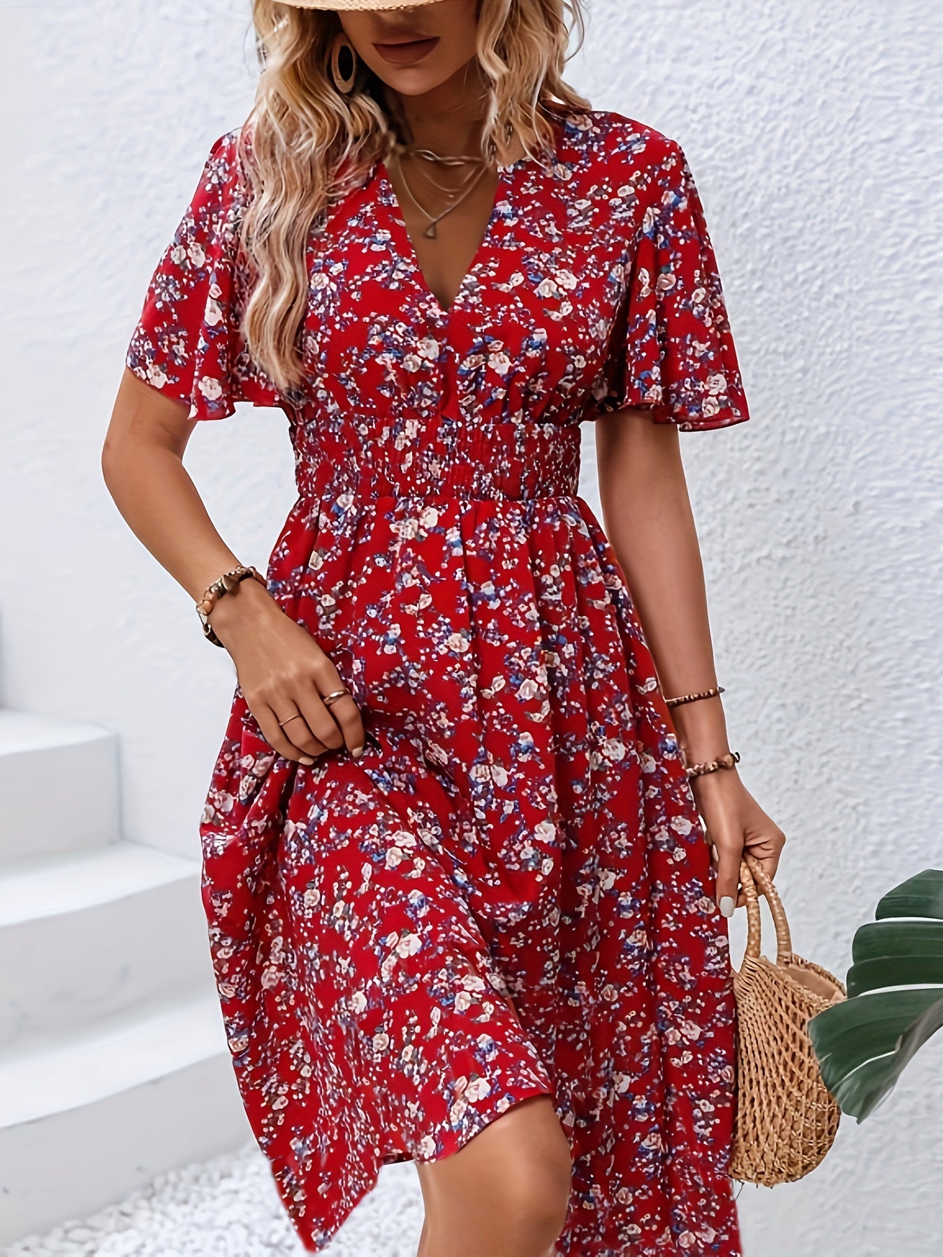 Floral Print Flutter Sleeve Dress, Boho V Neck Slim Waist Dress, Women's Clothing