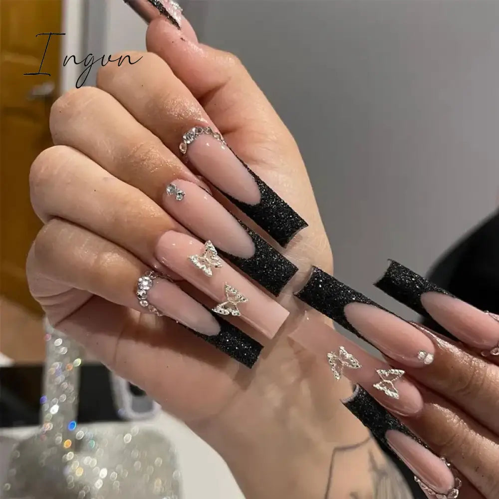 24pcs Artifical Bails With Glue Fake Nail Tips With Design Detachable Press On Nails Long Fake Nail Finished Nail Piece Sticker