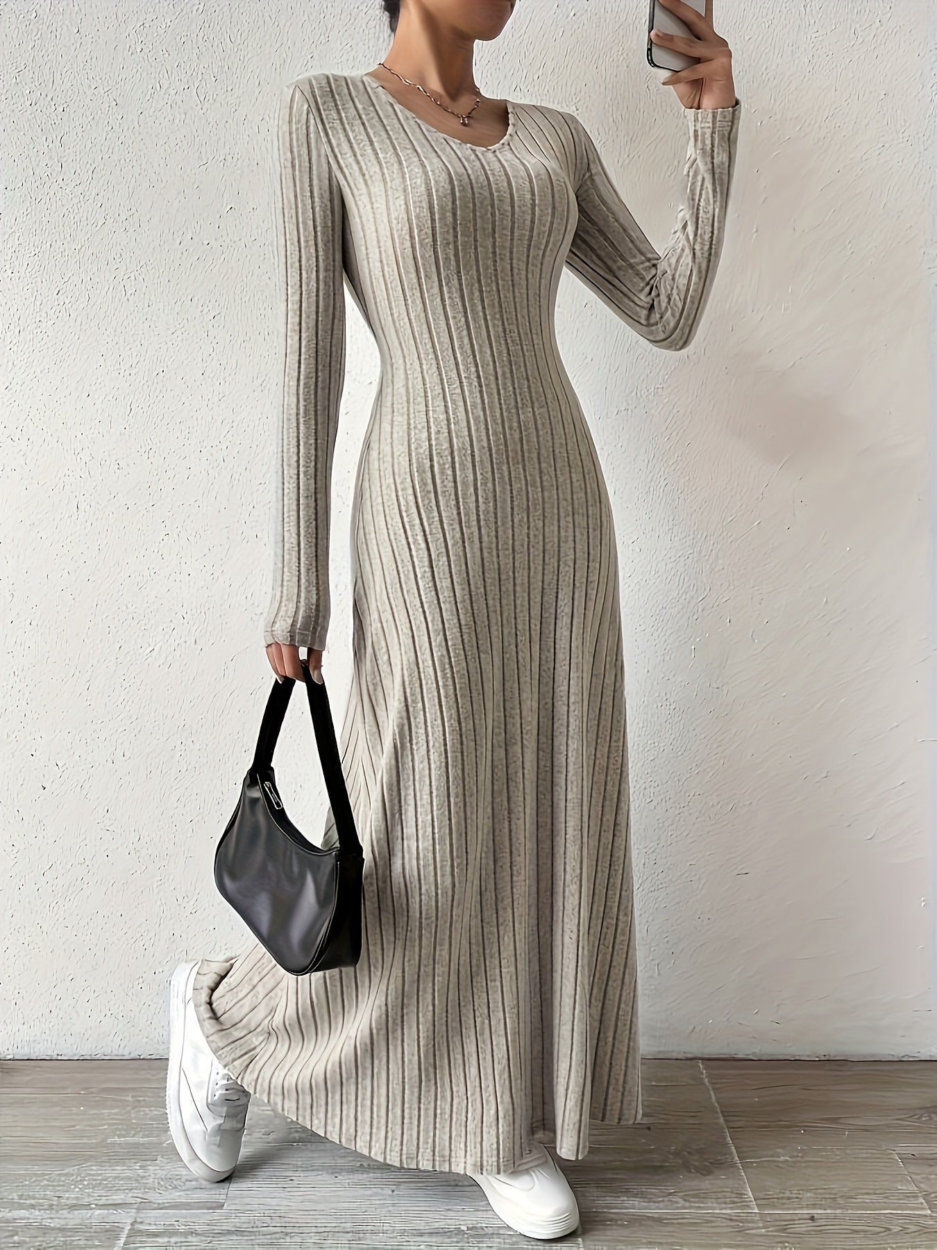 Long Sleeve Ankle Ribbed Crew Neck Sweater Dress for Fall & Winter, Elegant Women's Clothing