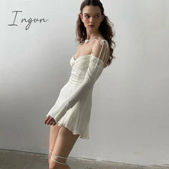 Ingvn - European-American Women's Clothing 2023 Summer Sexy One-Shoulder Flare Sleeve Print Waist Show Thin Sling Dress