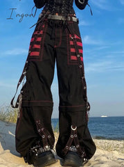 Ingvn - Fashion Trends Gothic Chain Bandage Wide leg Pants Women Oversize Low Rise Dark Academic Trousers Streetwear 90s Baggy Pant Punk Style