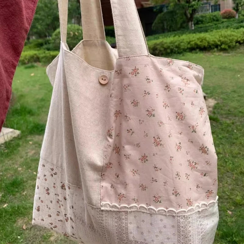 INGVN  Patchwork Contrast Color Flower Print Shoulder Handbags Fashion Y2k Underarm Bag High-capacity Women All Match Canvas Tote Bags