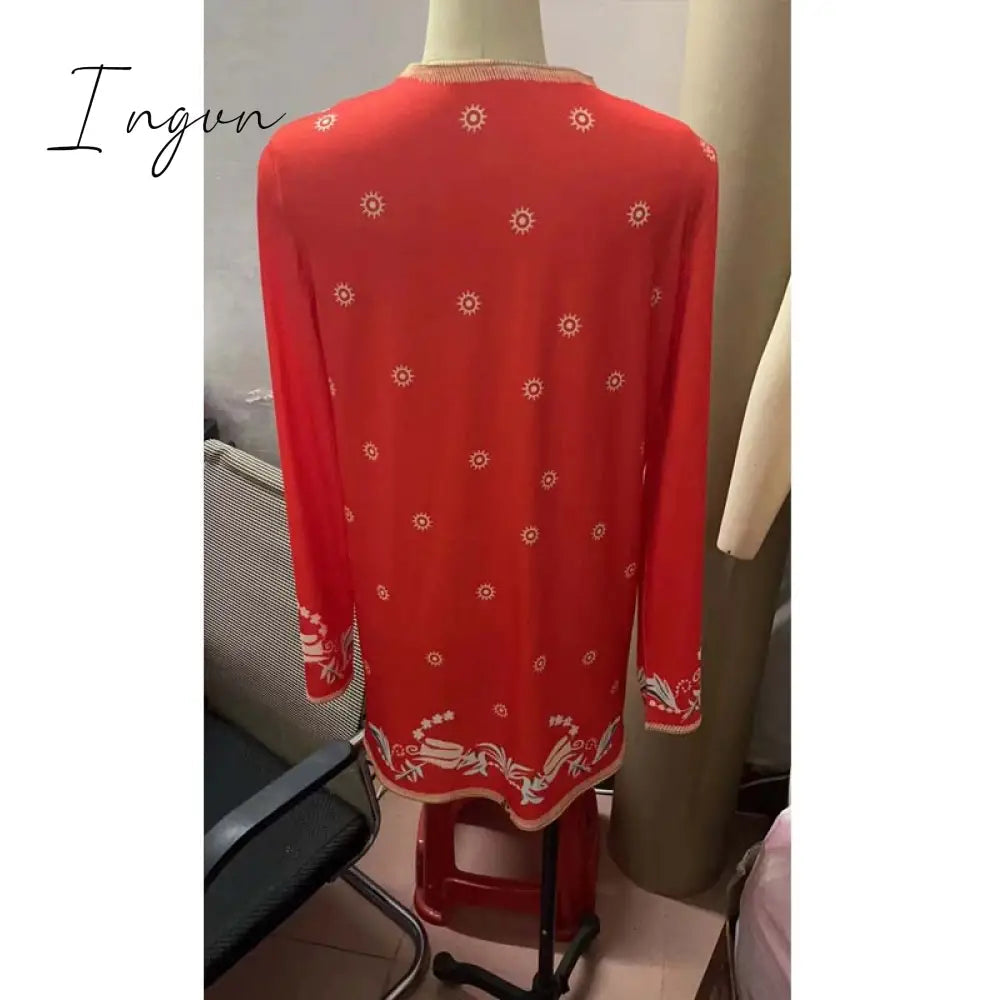 Ingvn - Ladies Velvet Print Cardigan Red Coat Long Sleeve Palace Style Fashion Vintage Ladies Fall Coat Casual Loose Women Jacket Coat