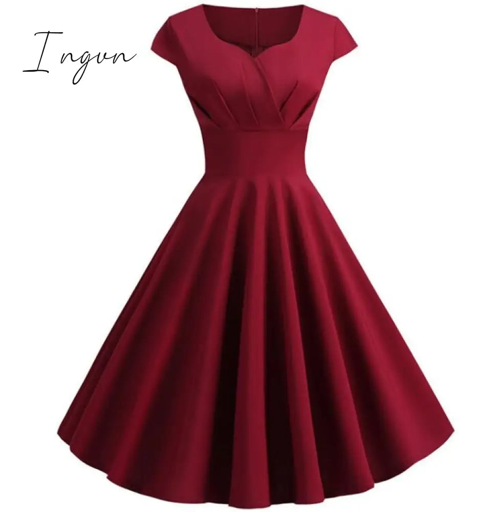Ingvn - Pink Summer Dress Women V Neck Big Swing Vintage Dress Robe Femme Elegant Retro pin up Party Office Midi Dresses Plus Size
