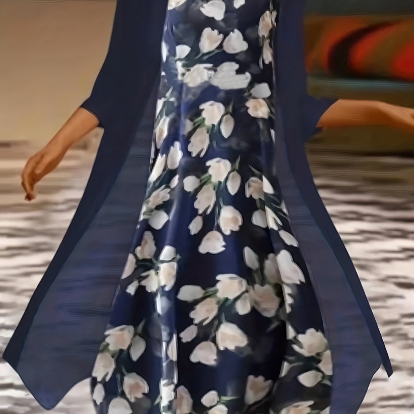 Plus Size Outfits Set, Women's Plus Floral Print Round Neck Tank Dress & Long Sleeve Coat Outfits Two Piece Set