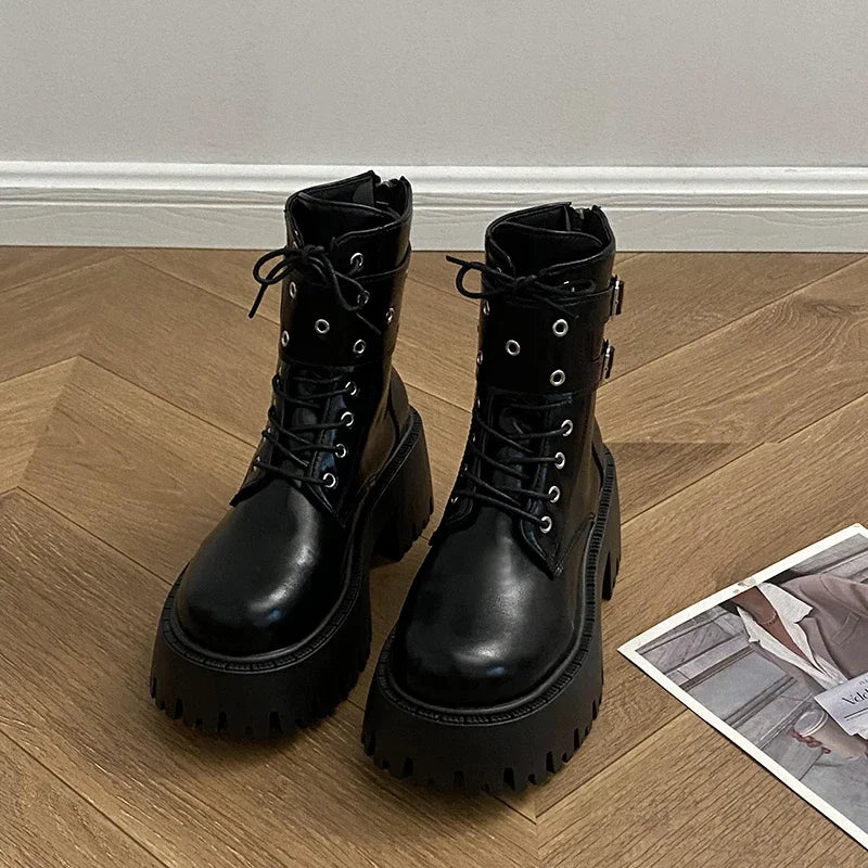 Ingvn  Autumn Women Motorcycle Boots Fashion Lace Up Short Booties Autumn Winter Female Platform Heel Shoes
