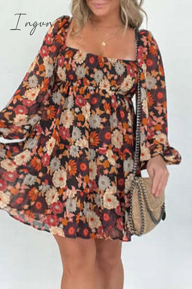 Ingvn - Vintage Elegant Floral Square Collar Printed Dress Dresses