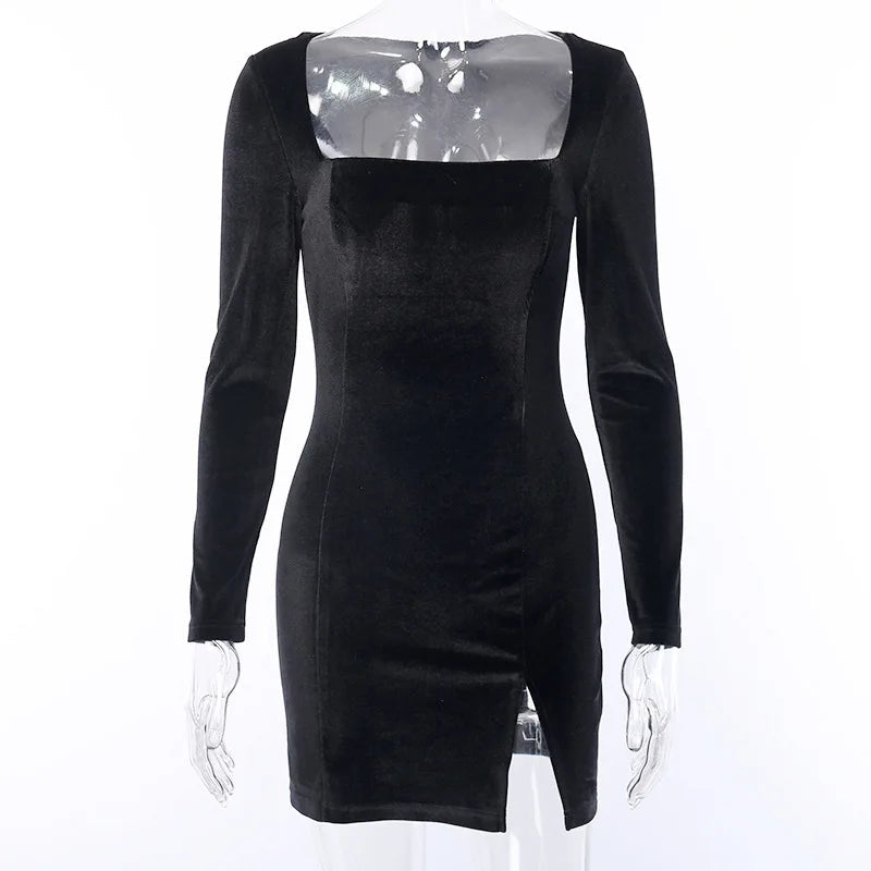 Sexy Women Dress Velvet Split Party Clubwear Long Sleeve Slim Female Dresses Hot Black Bodycon Solid Mini Vestidos