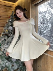 Elegant Solid Knitted Dresses for Women Korean Sweet Slash Neck Long Sleeves Princess Birthday Party Dress A-Line Vestidos Robe