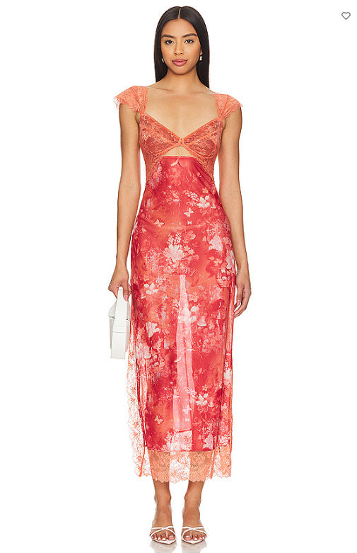 Summer New  Lace Backless Shoulder Strap Stitching Vented Color Long dress Women's Clothing