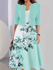 Chic Crop Top and Floral Tank Dress Duo - Versatile Semi-Sheer Half-Sleeve & Full-Length Set - Perfect for Social Outings, Womens Fashion