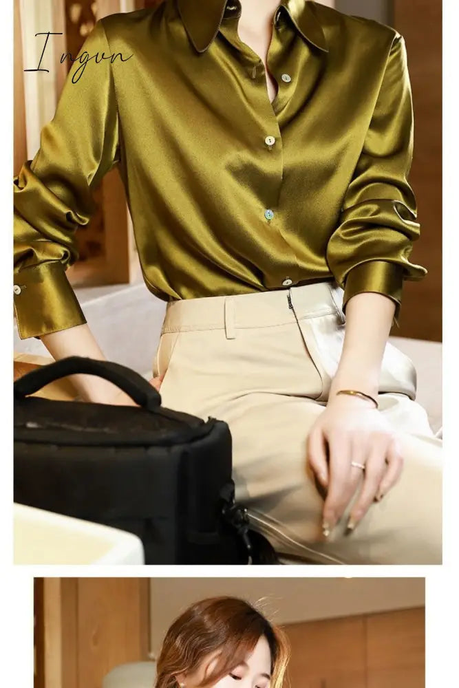 Ingvn - Brand Quality Luxury Women Shirt Elegant Office Button Up Long Sleeve Shirts Momi Silk Crepe Satin Blouses for Women Fashion Business Ladies Top